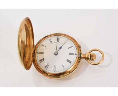 Victorian 18ct gold fob watch with button-wind signed Hunt &amp; Roskell, 156 New Bond Street, the white enamel dial also sig