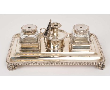 Good quality late George IV silver desk stand of rectangular form, with gadrooned borders, on four shell scroll feet, fitted 