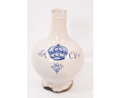 Blue and white delftware Sack jug, inscribed with the date 1642 but dates from later, 21cm highChips and glaze wear to rim an