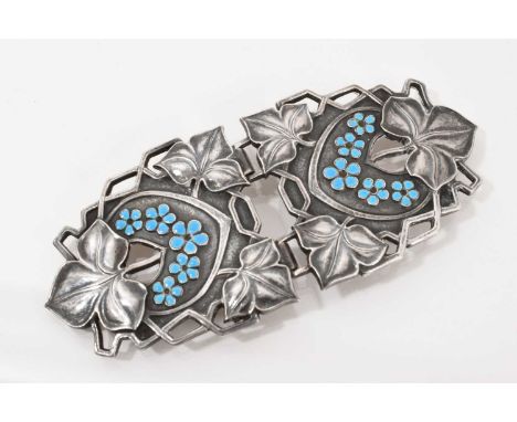 Arts & Crafts white metal buckle, open work foliate design and blue enamel forget-me-nots, 11cm