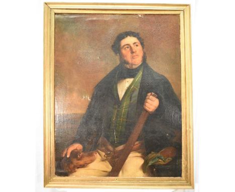 English School, 19th century, oil on canvas laid on board - Portrait of a Gentleman with his Dog, inscribed verso 'Charles Go