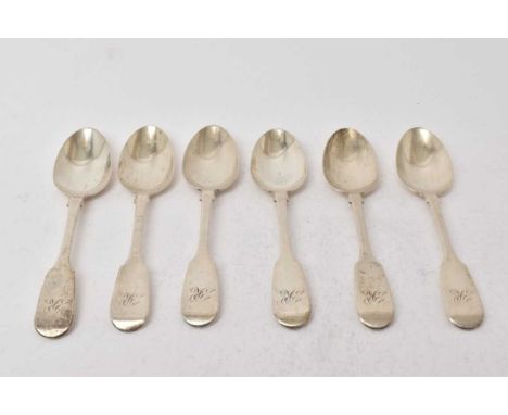 Set of six Victorian silver fiddle pattern teaspoons, each engraved with the letter R, (London 1846), maker William Robert Sm
