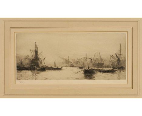 William Lionel Wyllie (1851-1931), signed etching, Royal Albert Docks, 17cm x 36cm, in glazed frame