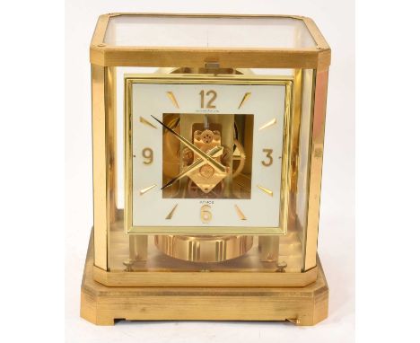 Jaeger LeCoultre Atmos clock with signed square dial and movement in brushed gilt brass case 23.5cm highSerial No 241773 - Ge