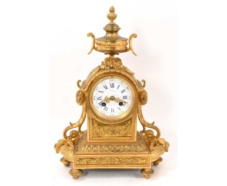 Late 19th century French Louis XVI-style ormolu cased mantel clock, cylinder movement striking on bell, with circular enamel 