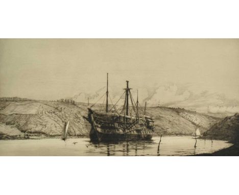 Harold Wyllie (1880-1973) signed etching - Hulk at Anchor, 26cm x 49cm, in glazed frame