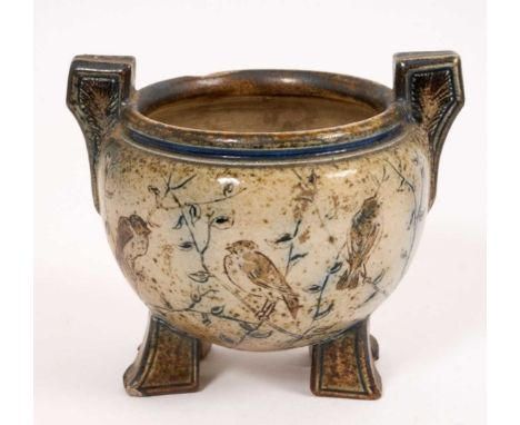 Martin Brothers stoneware squat twin-handled vase, late 19th/early 20th century, on four block feet, decorated with birds, si