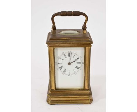 Late 19th century French miniature carriage clock with enamel dial in brass case, 9.5cm, with keyNot running, the rest in goo