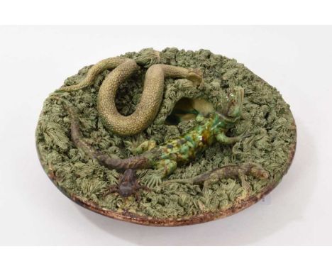 Palissy ware dish, marked 'M. Mafra Caldas Portugal', decorated with a snake, lizards, and a beetle, 30cm diameter