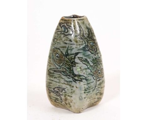 Martin Brothers stoneware 'Aquatic' vase, late 19th/early 20th century, of square tapering form, decorated with grotesque fis