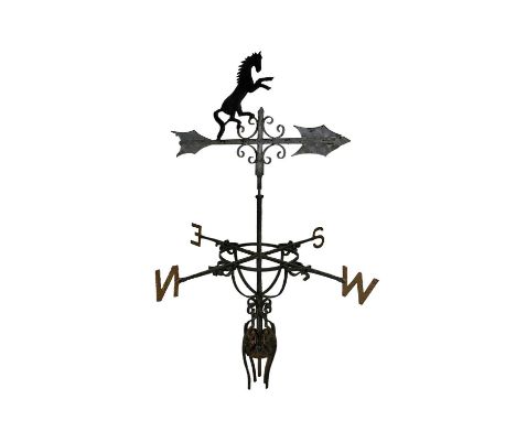 Impressive wrought iron and aluminum weather vain, in two parts, with horse surmount and compass, total height approximately 
