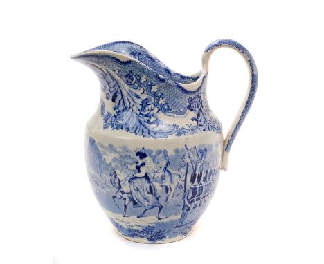 Scarce early Victorian blue and white military review jug with printed scenes of Queen Victoria on horseback reviewing her tr