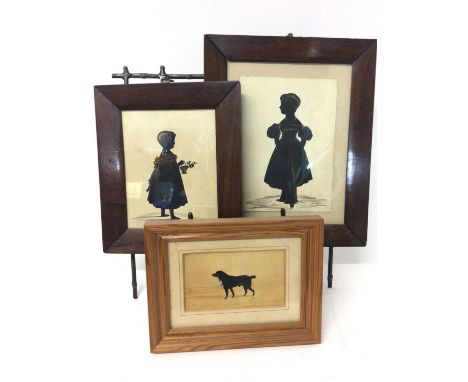 19th century silhouette on paper, depicting a child with basket of flowers, 17 x 13cm, together with another of a child and a
