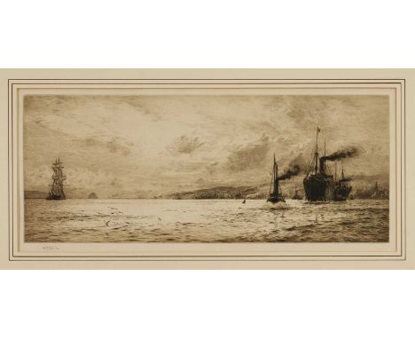 William Lionel Wyllie (1851-1931), signed etching - Dumbarton Rock, 1913, from an edition of 400, 22cm x 51cm, in glazed fram