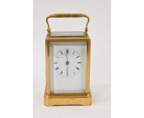 19th century French Japy Freres brass-cased carriage clock with white enamel dial, 17.5cm high with key