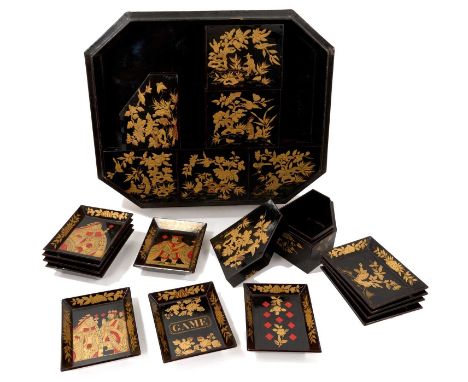 Mid 19th century Chinese black lacquer gaming box, of canted cushion form, decorated with figures and pagodas, with removable