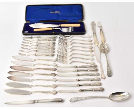 Selection of Georgian and later silver and silver plate, including two Georgian silver spoons, set of six pairs of silver han