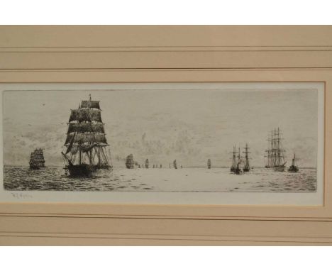 William Lionel Wyllie (1851-1931), signed etching - Timber Ships, 13cm x 34cm, in glazed frame