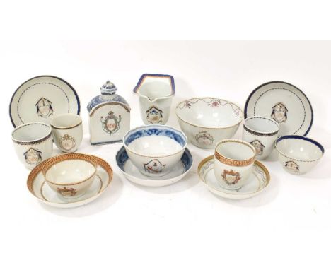 Collection 18th century Chinese export armorial porcelain, including tea bowls, tea cannister, saucers and coffee cans (15 pi
