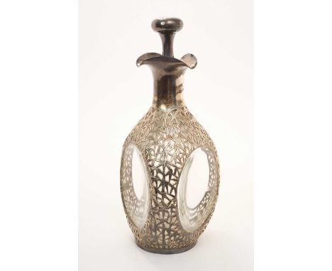 Chinese silver mounted Dimple Haig whisky bottle with pierced bamboo decoration and flared neck, silver mushroom stopper, und