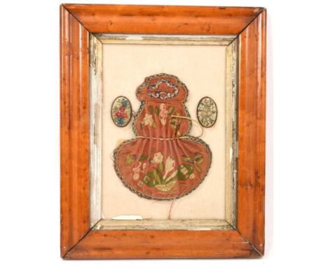 Antique Chinese embroidered silver purse, in a glazed maple veneered frame, total size 33 x 27cm
