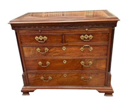 Good quality George III mahogany chest of drawers, the top with carved blind fret border and frieze, brushing slide, two shor