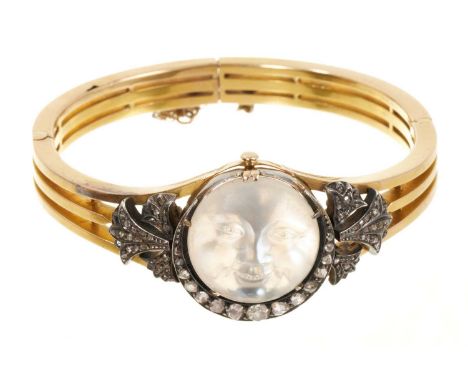 A fine Victorian gold moonstone and rose-cut diamond bangle, the circular carved moonstone depicting the man in the moon, wit