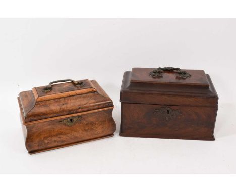 18th century walnut tea caddy of bombe form, with surmounting swing handle, enclosing three lidded caddies, 23cm wide togethe