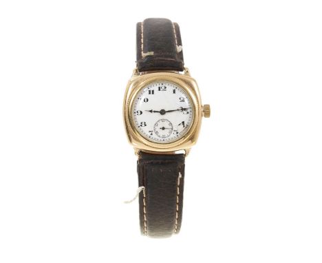 1930s gentlemen's gold "Submarine" wristwatch with manual wind Swiss movement, circular white enamel dial with subsidiary sec