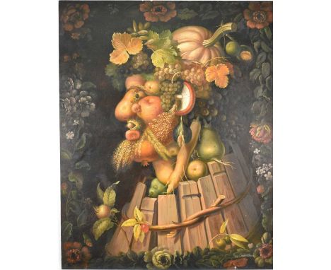 Robert Caspers after Giuseppe Arcimboldo, oil on board - Imaginative portrait head made of fruits, vegetables, flowers and vi