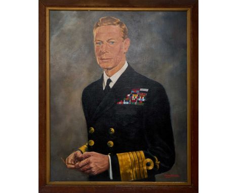 H.M. King George VI, 1950s oil on board portrait of the King wearing Naval uniform, signed F.W.H. McCancein, oak frame 78 x 6