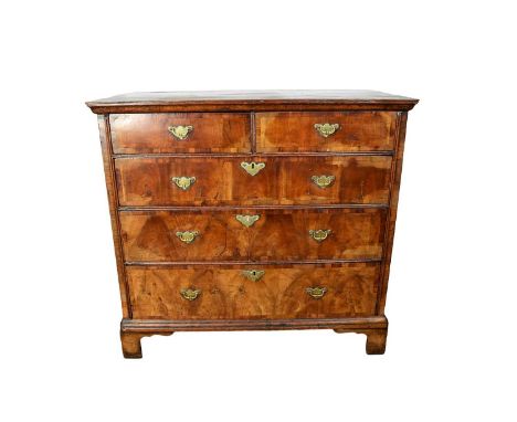 Early 18th century walnut veneered chest of two short and three long drawers on bracket feet, 106cm wide x 53cm deep x 87cm h