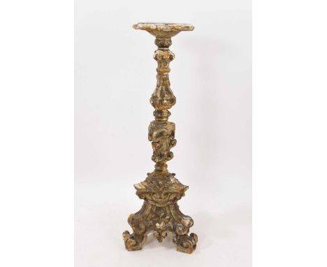 18th century Italian carved gesso altar candlestick, typical triangular baluster baroque form, 56cm high