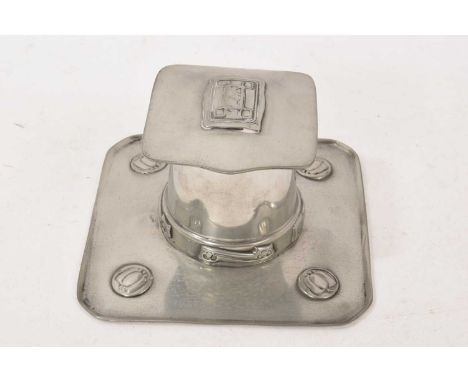 Liberty and Co. pewter lidded inkwell, in the manner of Archibald Knox, not apparently marked, 15cm wide