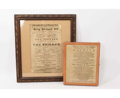 Theatre Royal, Haymarket theatre bill advertising Macbeth, dated 1809, now mounted in a glazed box, 27 x 23cm, together with 