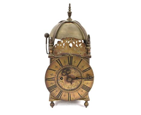 Victorian lantern clock with brass dial signed 'Lewton Winter Bourne', two hands, twin fusee movement striking on bell with p