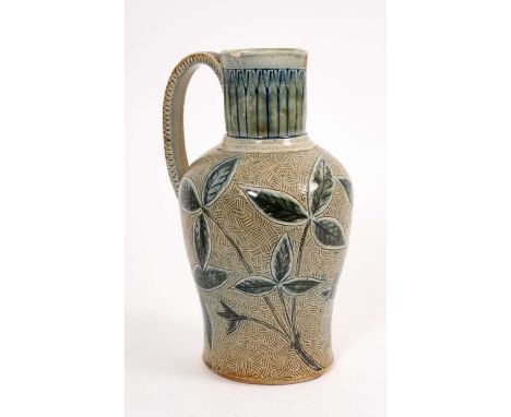 Martin Brothers stoneware jug, late 19th/early 20th century, decorated with foliage in tones of blue and green, signed to bas