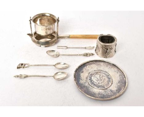 Group of Chinese export silver, including a tea infuser, coin set dish, salt cellar and three Burmese or Thai spoons (various