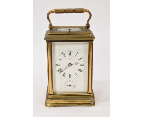 Late 19th century French brass cased carriage clock with alarm and repeat mechanism, the dial signed Emanuel, Portsea, 16.5cm