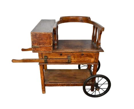Edwardian/early 20th century horse racing jockey scales, manufacturered by Marsdens, the beech framework with wheels for tran