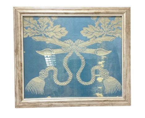 The Coronation of H.M. Queen Elizabeth II 1953, piece of blue and silver woven silk wall hanging from Westminster Abbey in gl