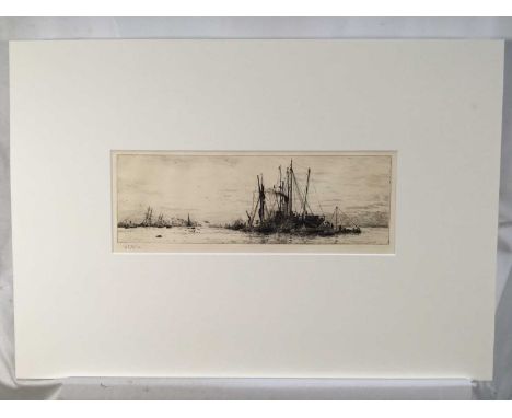 William Lionel Wyllie (1851-1931), signed etching - Unloading Timber, 13cm x 34cm, mounted
