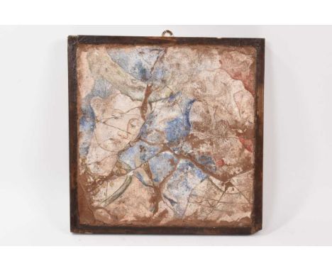 Antique ceramic tile, painted with a portrait, possibly Persian or influenced, 30cm square
