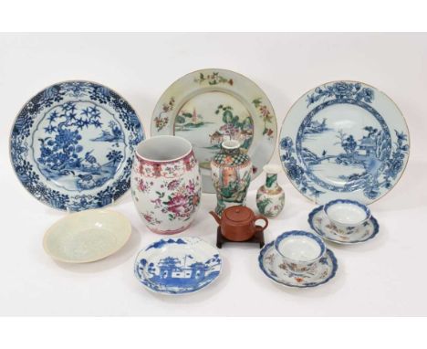 Group of mostly 18th and 19th century Chinese ceramics, including a miniature Yixing teapot, three export plates, two pairs o