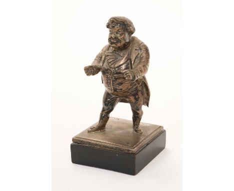 Unusual Edwardian silver figure of Mr John Jorrocks, mounted on a square ebonised wood base, (London 1904), maker Marr & Sons