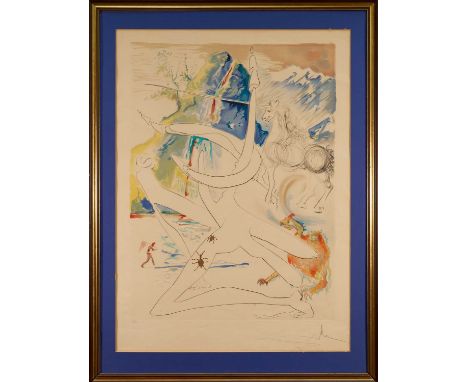 Salvador Dali lithograph - The Laser Unicorn Disintegrates the Horns of the Cosmic Rhinoceros, from Conquest of Cosmos, signe