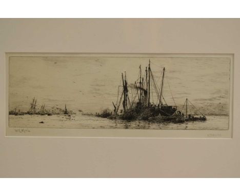William Lionel Wyllie (1851-1931), signed etching - Unloading Timber, 13cm x 34cm, in glazed frame