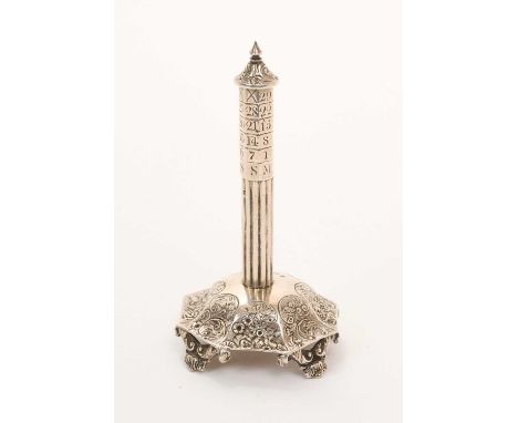 Rare George IV silver perpetual desk calendar, in the form of a hexagonal date column, with revolving days of the week, on an