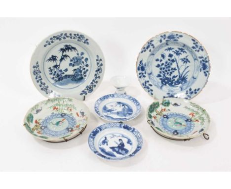 Group of Chinese porcelain, including two pairs of 18th century blue and white dishes, a pair of 19th century famille rose sa