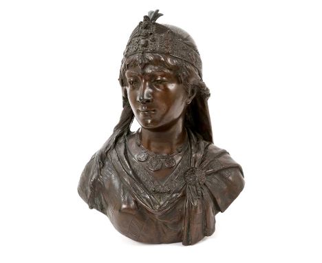Cesar Constantino R. Céribelli (1841-1918) bronze sculpture. bust of a young lady in Islamic costume, signed, 33cm high